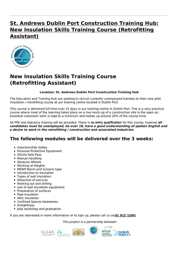 St Andrews Dublin Port Construction Training Hub New Insulation Skills Training Course Retrofitting Assistant pdf
